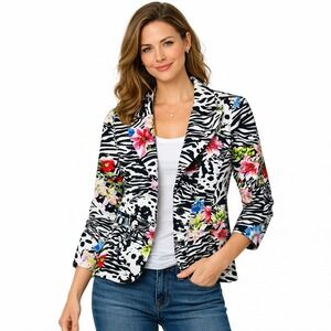 Passion‎ Concept Blazer Women S Multi Color Zebra Floral Rhinestone Embellished